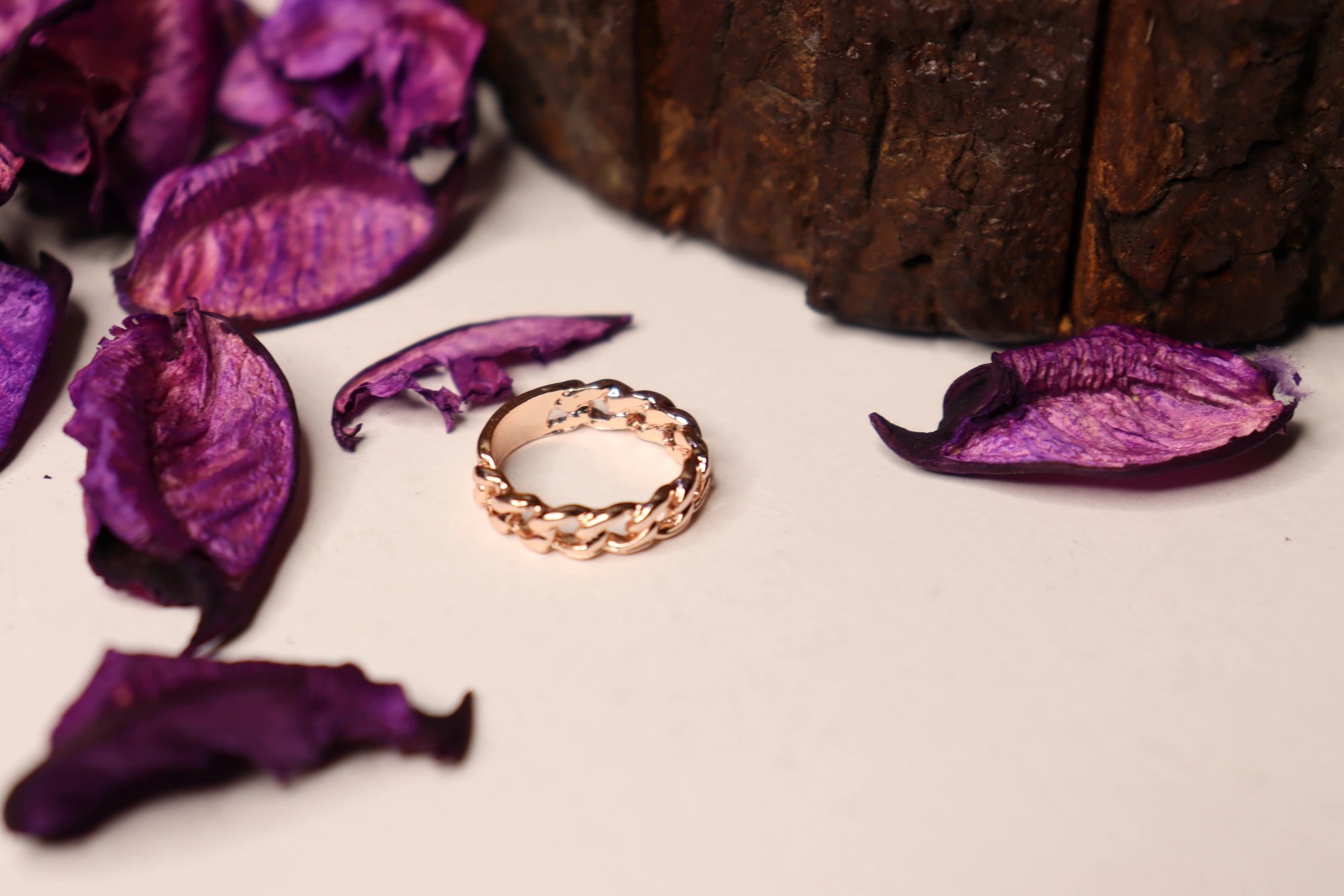 Ciconia — raw shoot frame, gold ring with dried petals